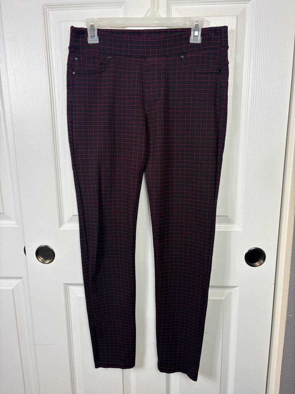 Liverpool Women's Plaid Burgundy Pull On Skinny Trousers Pants Size 8